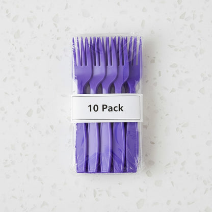 Pack of purple forks with a '10 Pack' label on a light gray background