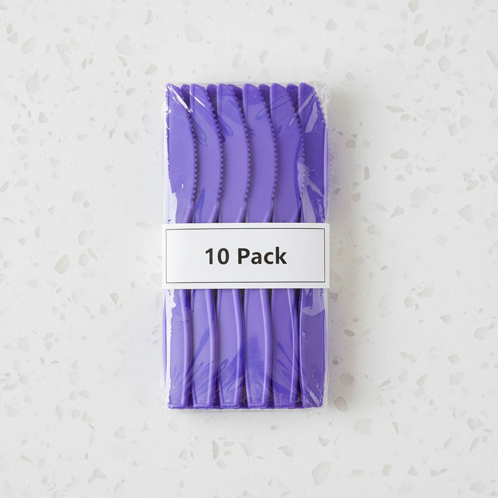 Pack of purple plastic knives with a label indicating '10 Pack' on a light background