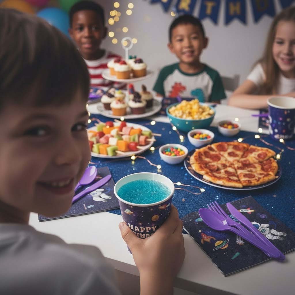 Children at a birthday party with pizza, cake, and colorful cups.
