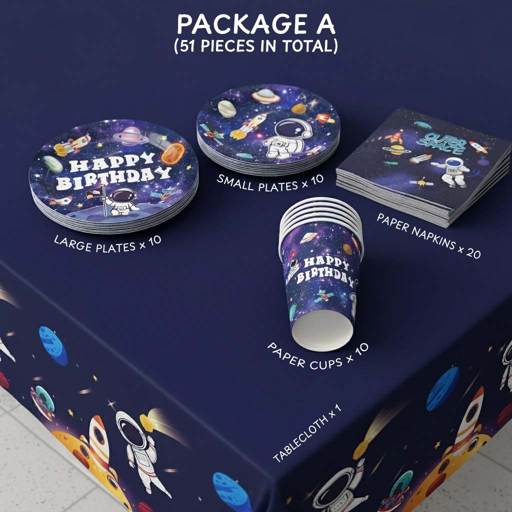 Space-themed partyware set with plates, cups, and napkins on a matching tablecloth.