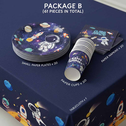 Space-themed party supplies package with plates, cups, and napkins on a matching tablecloth.