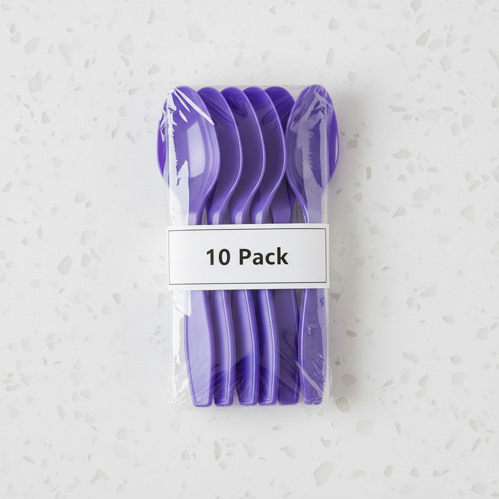 Pack of purple plastic spoons with a label indicating '10 Pack' on a white tabletop
