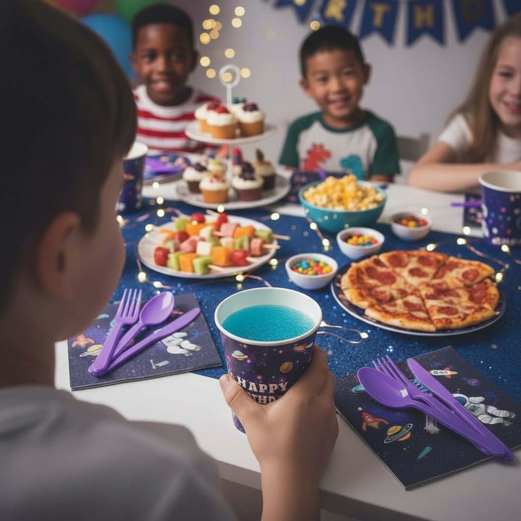 Children at a birthday party with delicious looking food and colorful plates, napkins and cutlery.