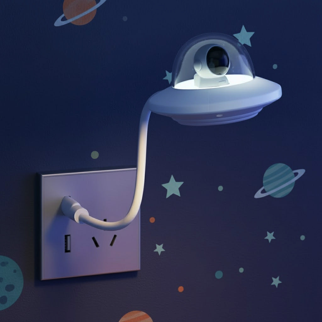 UFO-shaped night light attached to a wall socket with space-themed decorations on the wall.
