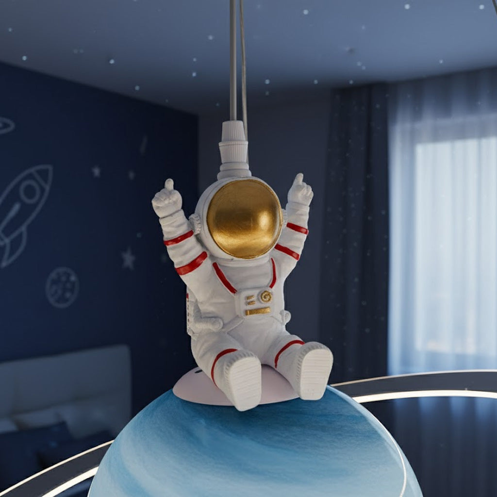 Astronaut figure on a ceiling lamp with space-themed decorations in the background