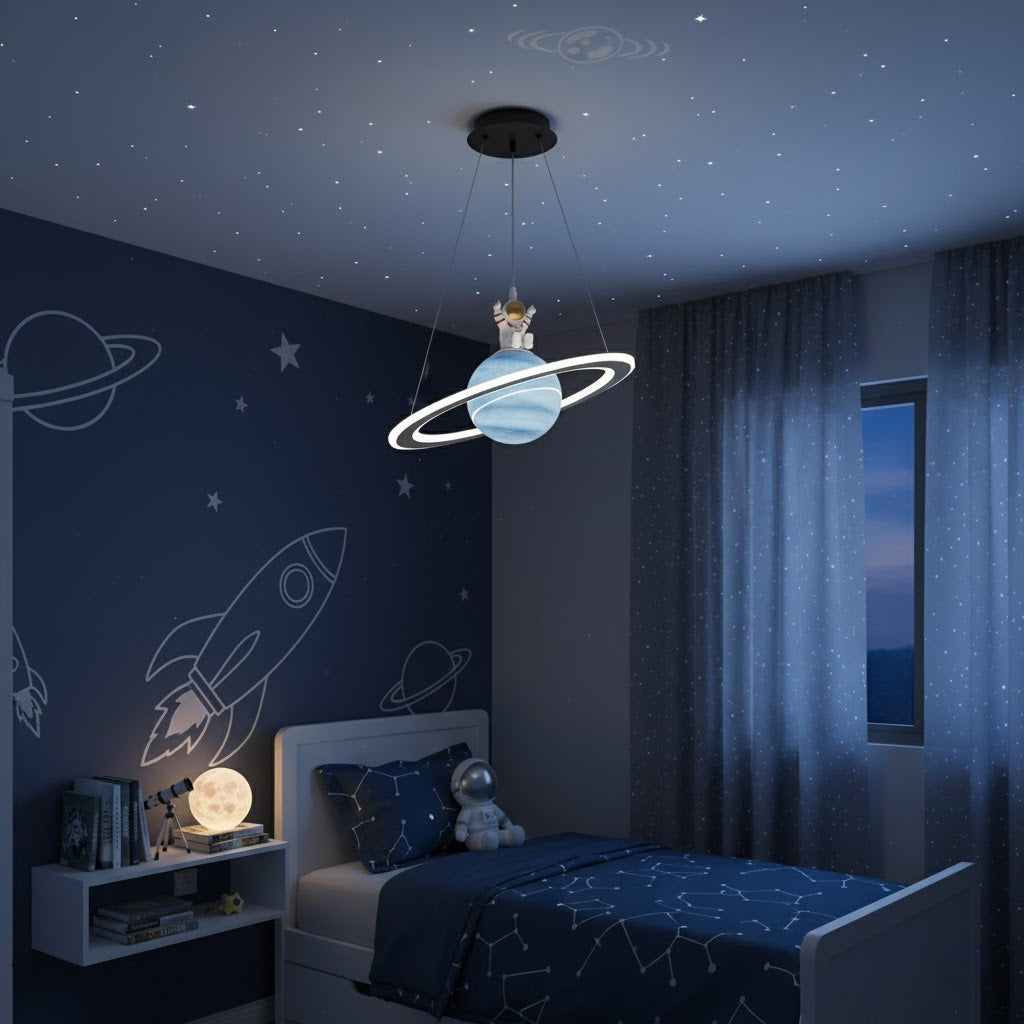 Children's bedroom with space-themed decor, including a ceiling light fixture shaped like Saturn.
