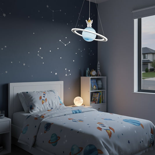 Children's bedroom with space-themed bedding and decor, including a planet-shaped pendant light.