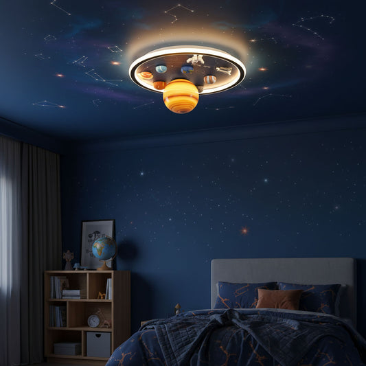Ceiling light fixture with celestial design in a bedroom