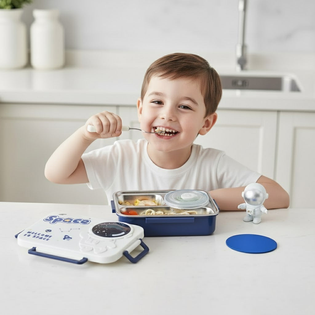Child eating from a space themed lunchbox and container on a kitchen counter