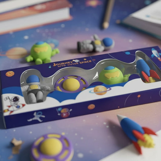 Space-themed eraser set with packaging on a colorful background