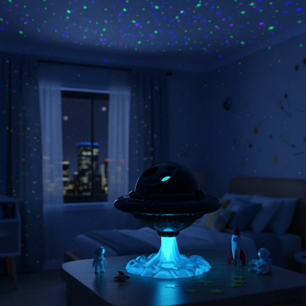 close up of a UFO projector on a nightstand