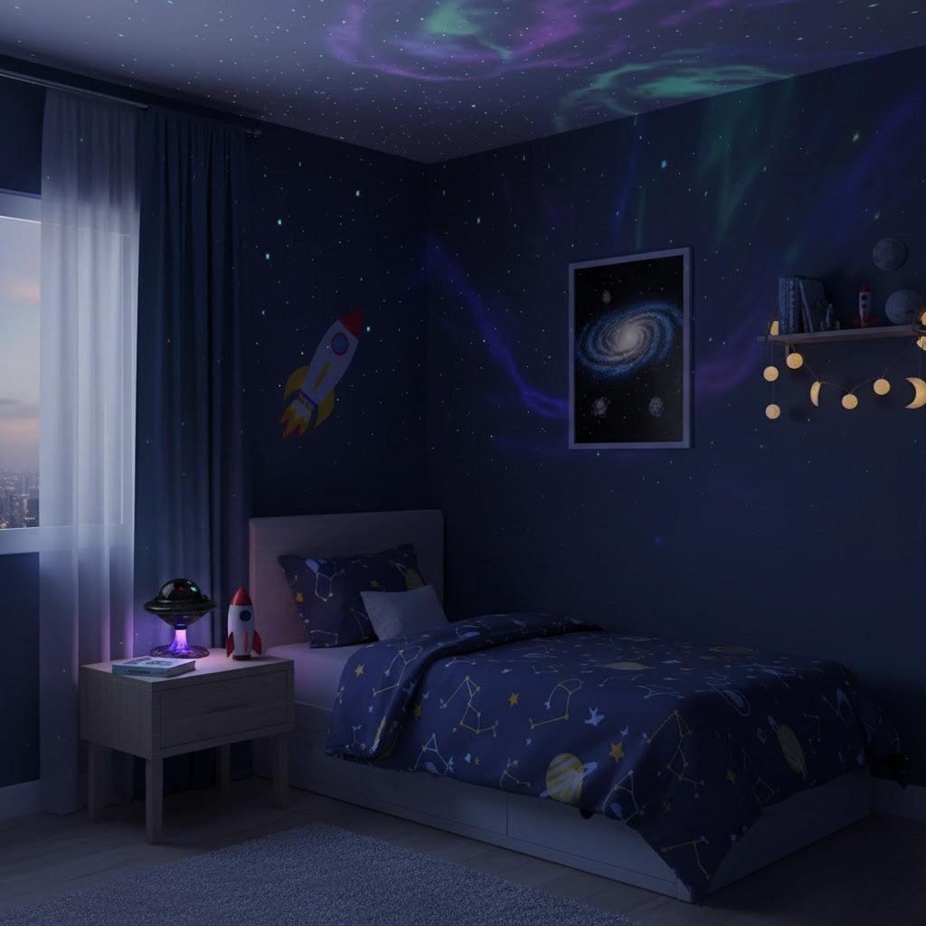 Children's bedroom with space-themed decor, including a bedspread and wall art.