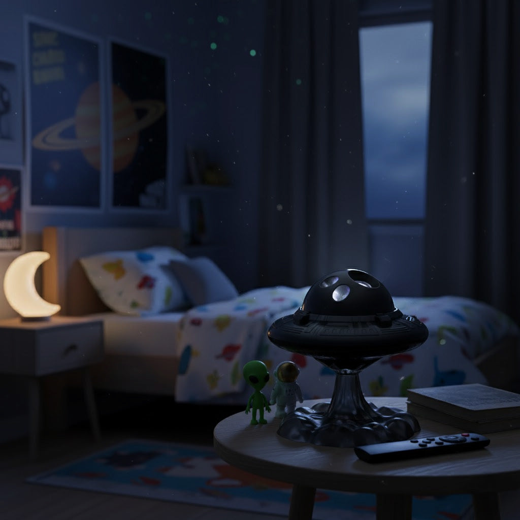 Children's room with UFO galaxy projector, alien figures, and a moon lamp.