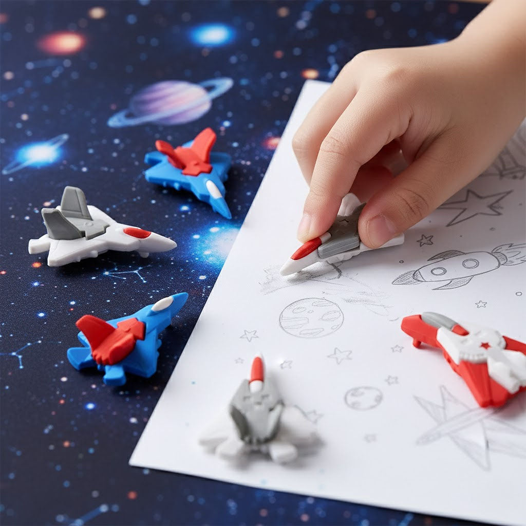 Children's hand using a space-themed eraser on a sketching paper with space-themed illustrations.