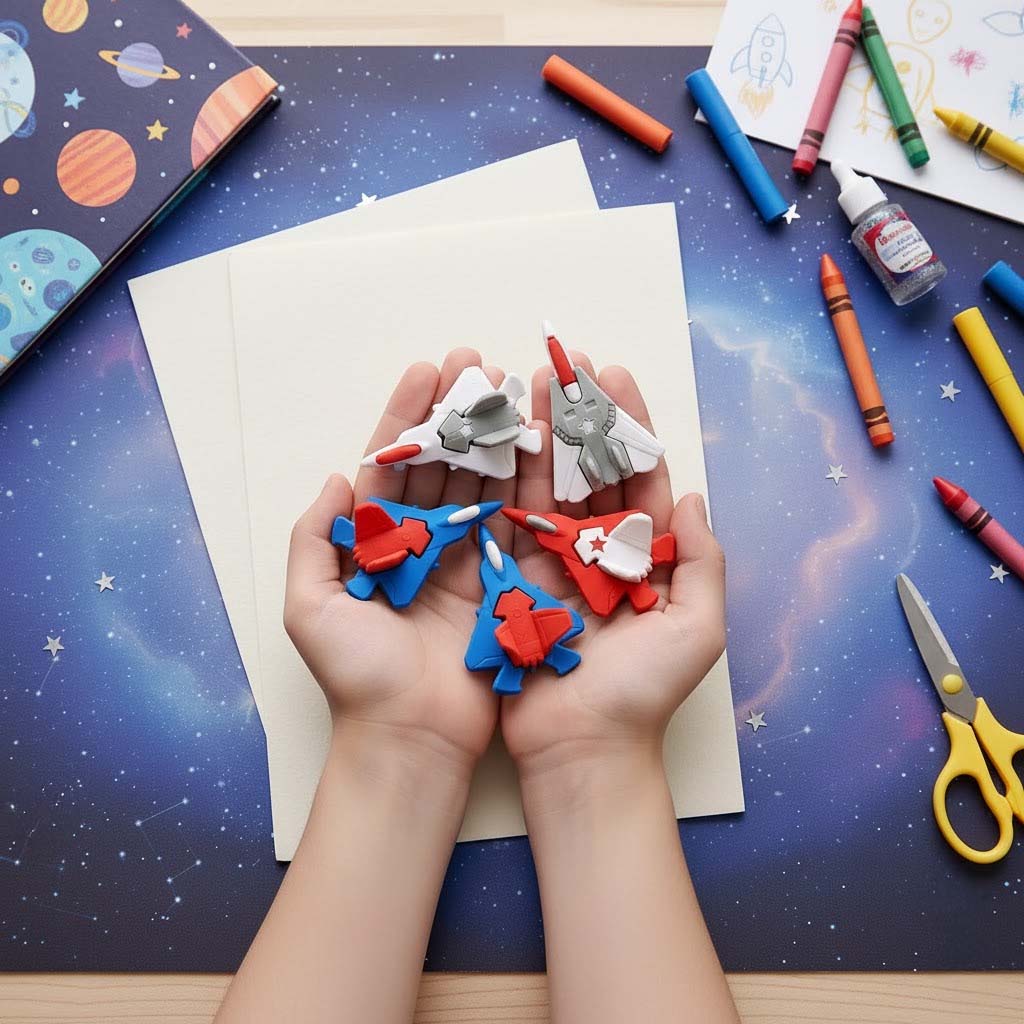 Children's hands holding space-themed erasers on a desk with crayons and scissors.
