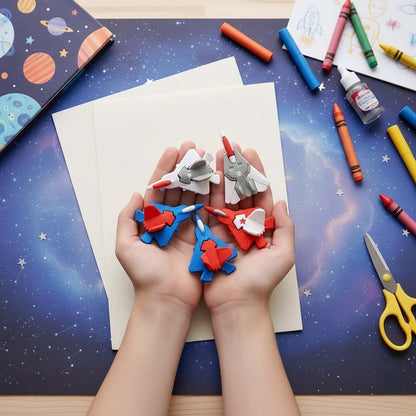 Children's hands holding space-themed erasers on a desk with crayons and scissors.