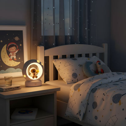 Children's bedroom with a nightlight on a bedside table, bed with space-themed bedding, and wall art.