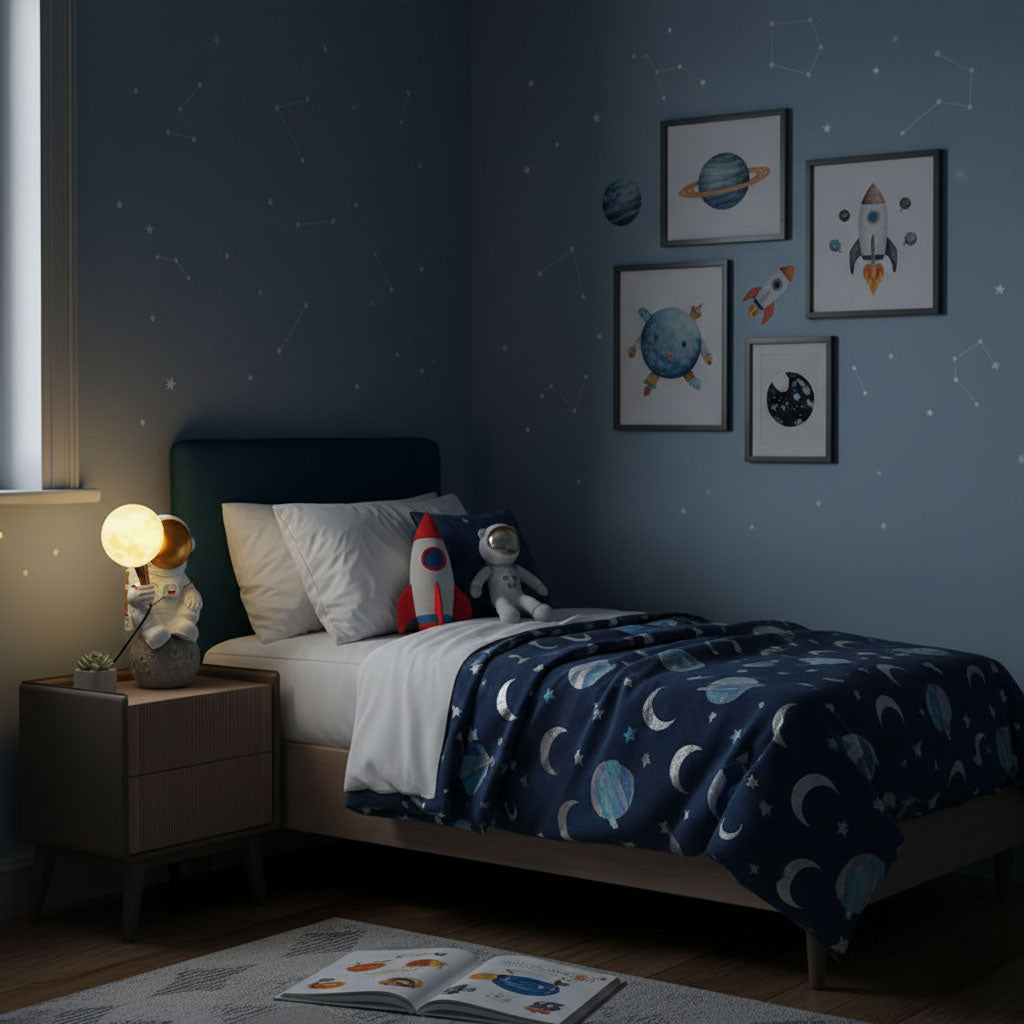 Children's bedroom with space-themed decor, including bedspread, nightstand lamp, and wall art.
